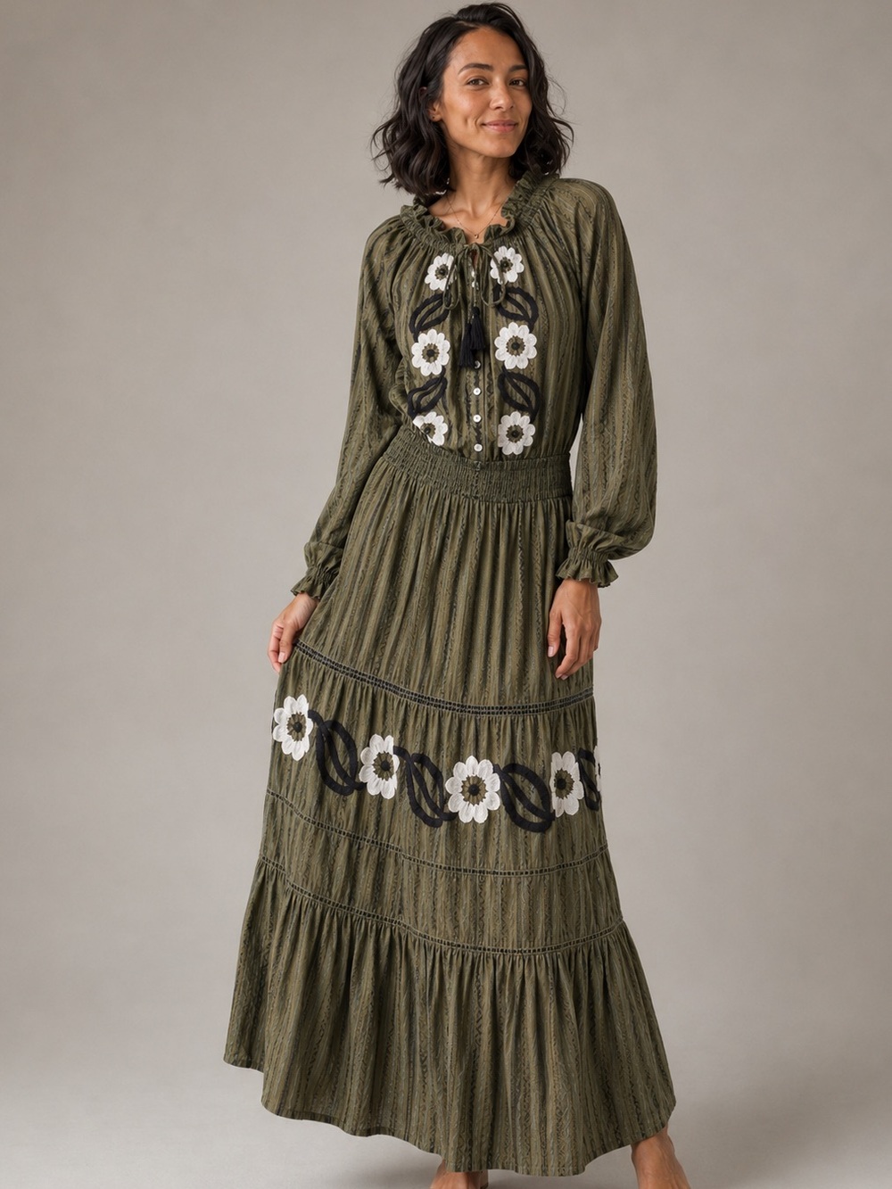 Miss June Khaki Embroidered floral maxi dress - OS​